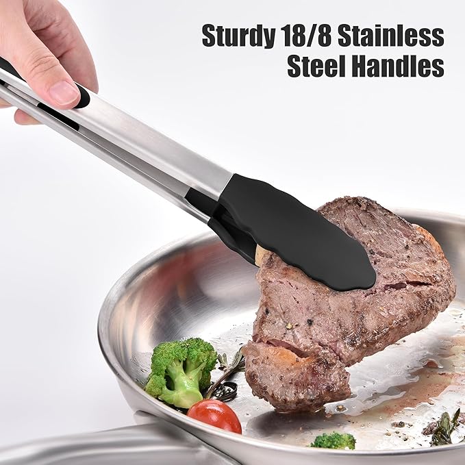 Doosu Kitchen Tongs for Cooking - 600°F Heat Resistant Food Tong Set with Non-Scratch Silicone Tips, Heavy Duty Stainless Steel Locking Tong for BBQ, Grilling Steak, Serving Salad (9+12in, Black)