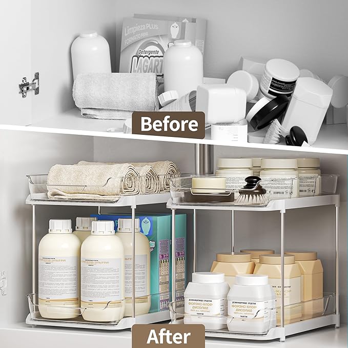 Delamu 2-Tier Multi-Purpose Bathroom Under Sink Organizers and Storage, Stackable Kitchen Pantry Organization, Pull Out Medicine Cabinet Organizer with Movable Dividers, Pure White, 1 Pack