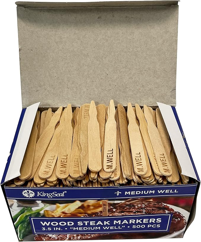 KingSeal 3.5 Inch Natural Birch Wood Steak Markers, Heat Stamped, MED Well, Commercial Bulk Pack - 10 Boxes of 500 (5,000pcs Total)