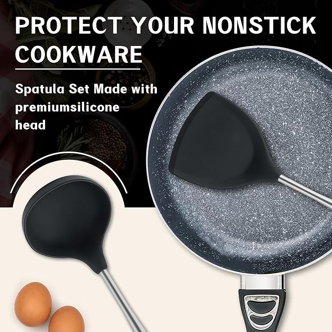 FJNATINH Silicone Wok Spatula,Ladle,Skimmer Tool Set - Stainless Steel Wok Tools, Wok Utensil,Non Stick Heat-Resistant Cooking Utensils BPA Free Kitchen Utensils Cookware (Black Stainless Steel-3PCS)