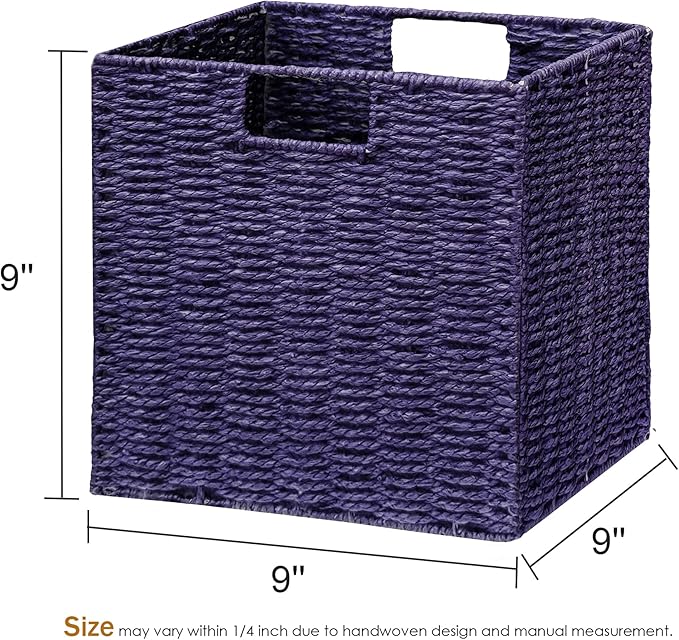 Vagusicc Wicker Storage Basket, Set of 2 Hand-Woven Paper Rope Wicker Basket, Foldable Cube Storage Bins, 9 inch Square Storage Baskets for Organizing Shelves & Decor, Purple (9″×9″×9″)