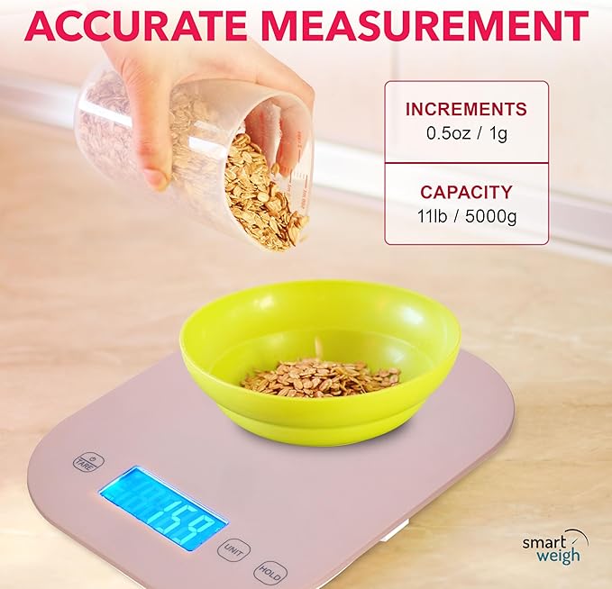Smart Weigh Pink Digital Kitchen Scale for Cooking, Weight Loss, Calorie Tracking, Baking, Food Portion Control, and Meal Prep - Accurate Measurements in Grams and Ounces
