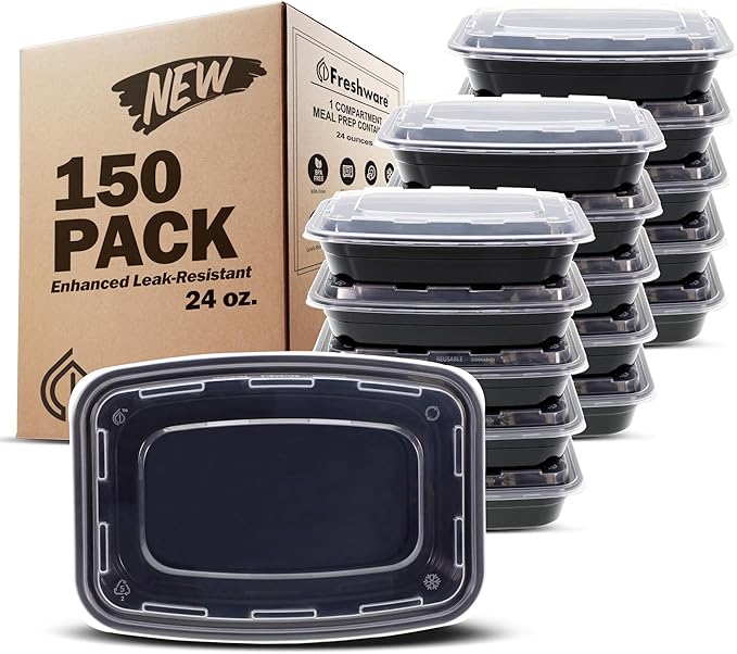 Freshware Meal Prep Containers [150 Pack] 1 Compartment with Lids, Food Storage Containers, Bento Box, BPA Free, Stackable, Microwave/Dishwasher/Freezer Safe (24 oz)