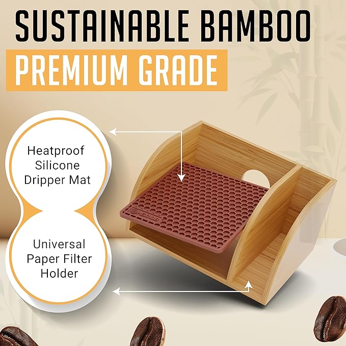 HEXNUB Caddy and Lid for Pour Over Coffee Maker, Bamboo Stand fits Chemex, Bodum, Cosori Carafes, Heatproof Mat, Filter Holder for Drip Coffee Maker - Brown Mat