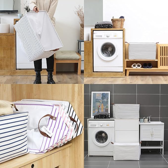 Hinwo 70L Extra Large Storage Bins, Closet Organizers and Storage, Foldable Clothes Storage Baskets with Handles, Containers for Clothing, Blanket, Comforters, Toys, Bedding (Black Stripe)