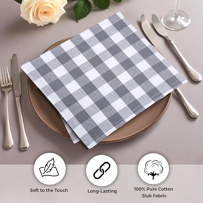 Urban Villa Cotton Dinner Napkins Set of 12, Highly Absorbent Soft Premium Cloth Napkins 20x20 Inches, Hotel Quality Reusable & Washable Table Dinner Napkins for Home - (Grey/White, Buffalo Checkerd)
