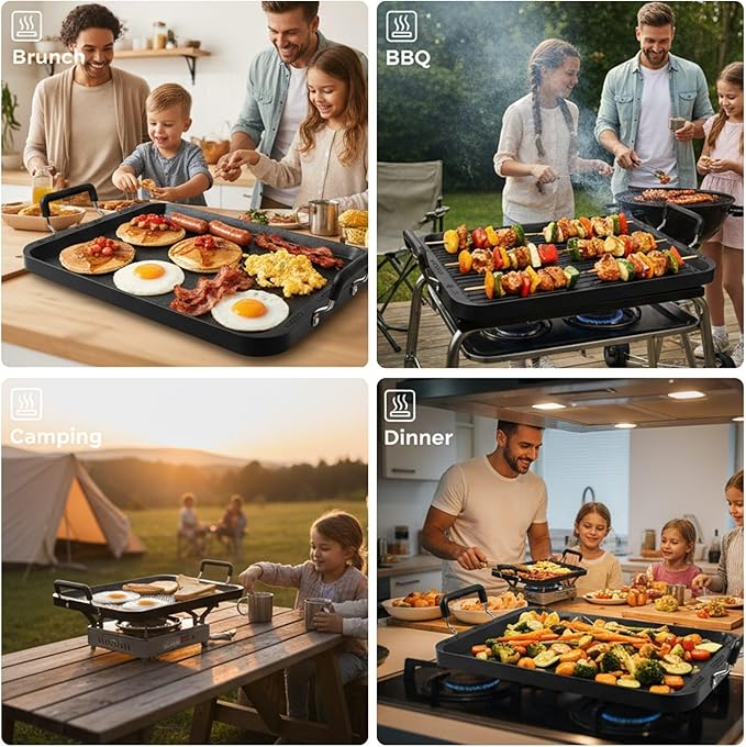 22"x12" Large Family Griddle Pan - Double Burner Griddle Comals Para Tortillas Grande, Non-Stick PFOA-Free Aluminum Grill Pan for Gas Stove/electric stovetops/Indoor/Outdoor Camping