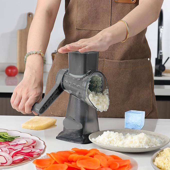 Cheese Grater,Rotary Cheese Grater with Handle, Multifunctional Rotary Cheese Shredder Effortlessly Grates Cheese, Vegetables, and Fruits (Gray)