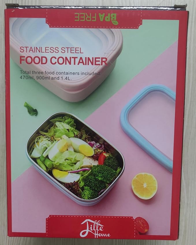 Lille Home Leak Proof Stainless Steel Lunch Snack Containers Set - Ideal for Educational Settings and Daycare - Nesting Trio with Silicone Lids - 47oz+30oz+16oz - Dark Pink