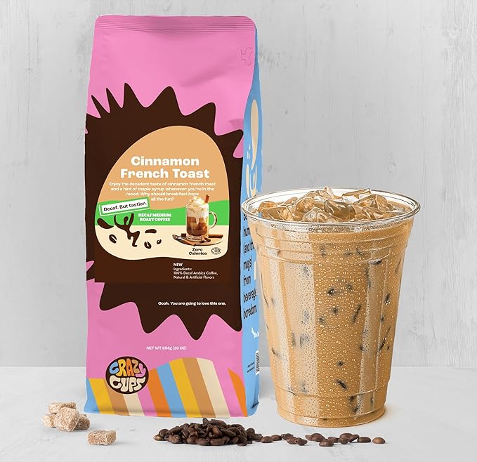 Crazy Cups Flavored Decaf Ground coffee, French Toast Cinnamon Coffee, Flavored Ground Coffee, Decaffeinated Coffee For Brewing Decaf Coffee Ground Hot or Iced Coffee, 10 oz Bags 3 Count Value Pack