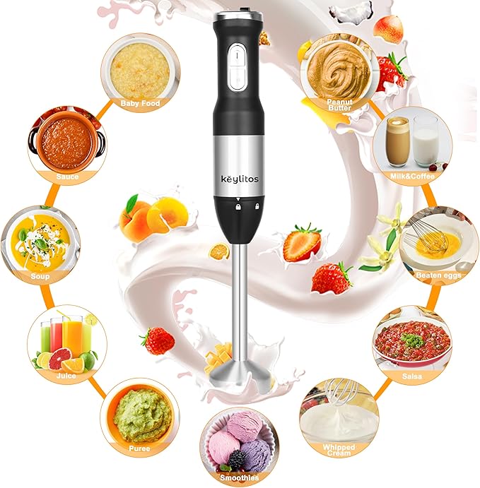 Keylitos 5 in 1 Immersion Hand Blender Mixer, [Upgraded] Handheld Stick Blender with 600ML Chopper, 800ML Beaker, Whisk and Milk Frother for Smoothie, Baby Food, Sauces Red,Puree, Soup (Black)