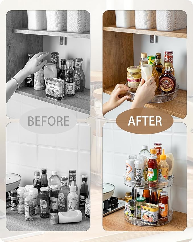 Roninkier 2-Tier Clear Lazy-Susan Turntable – 9-Inch Pantry Spice-Rack Cabinet-Organizer – Plastic Lazy Susan Makeup Organizer for Bathroom Countertop