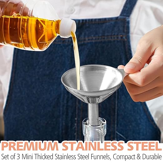 Anaeat Stainless Steel Mini Kitchen Funnel Set, 3 Pack Durable Metal Filling Funnels for Transferring Liquid, Dry ingredients, Cosmetic Lotion, Fluid, Spices, Powder - Food-Grade & High Heat Resistant