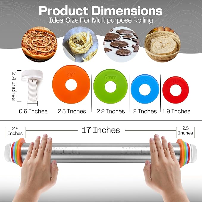 17 Inch Adjustable Stainless Steel Rolling Pin with 4 Thickness Rings & Non-Stick Pastry Mat – Professional Dough Roller for Pizza, Cookies, Pasta & Pies - Red