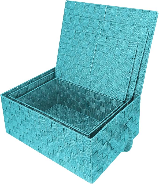 Sorbus Set of 3 Hand-Woven Storage Baskets with Lids (Aqua) – Mesh Bins for Closet, Shelf, or Pantry Organization – Variety Pack for Home and Office Storage