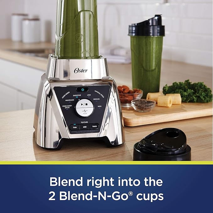 Oster Pro Smoothie Blender with Texture Select, Countertop Blender with Tritan Jar & 2 To-Go Cups, Brushed Nickel