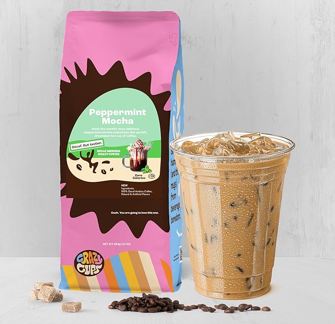 Crazy Cups Flavored Ground Decaf Peppermint Coffee, Decaffeinated Peppermint Mocha Coffee in 10 oz Bag, For Brewing Flavored Hot or Iced, (Pack of 1)