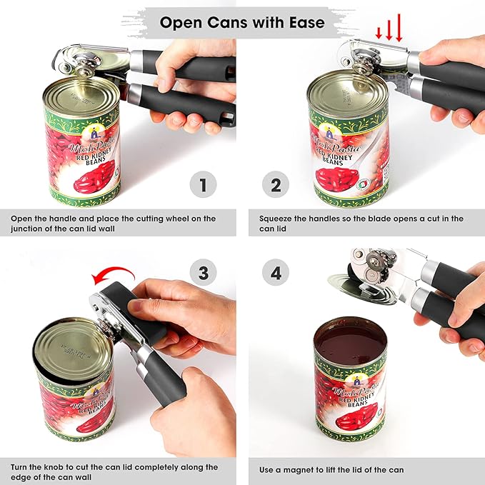 Beneno Heavy Duty Hand Can Opener Manual with Magnet, Durable Sharp Carbon Steel Blade Smooth Cutting, Big Effort-Saving Knob & Soft Grip Handle, Multifunctional Kitchen Tool with Bottle Opener, Black