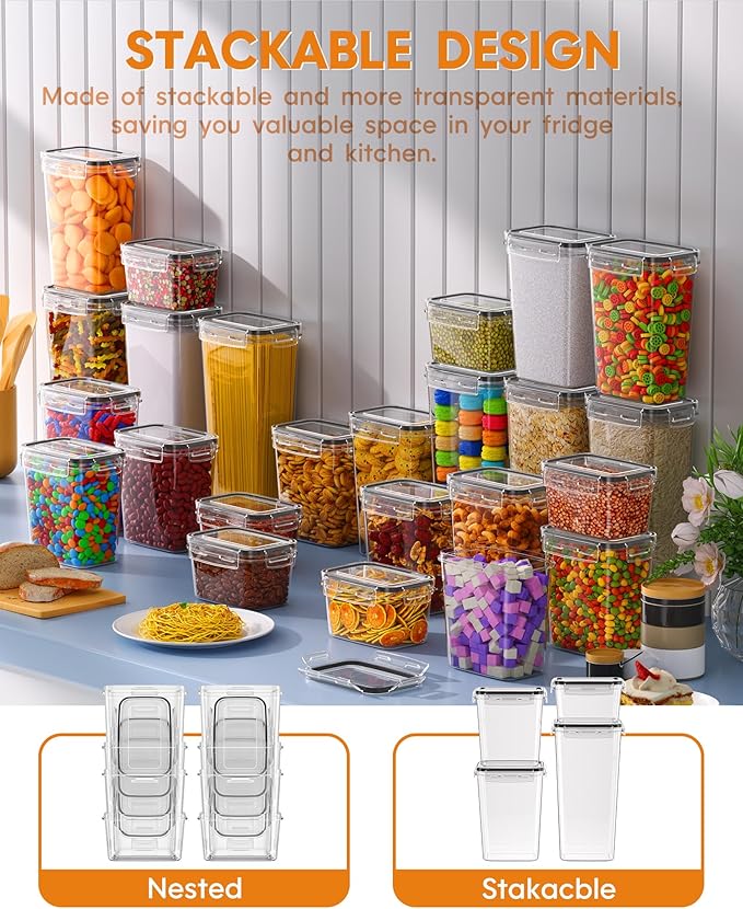 Airtight Food Storage Containers with Lids, 15 PCS Kitchen and Pantry Organization Canisters, BPA-Free, PVC-Free, Food-grade Plastic Leak-proof Jars for Cereal, Flour, Sugar, Extra 24 Labels & Marker