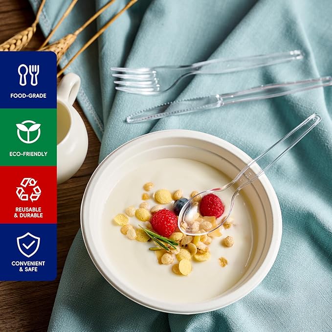 JOLLY CHEF 300 Count Clear Plastic Silverware, 100 Forks, 100 Spoons, 100 Knives, Heavy Duty Disposable Plastic Cutlery Set, Plasticware Bulk, Premium Clear Utensils for Party, Thanksgiving