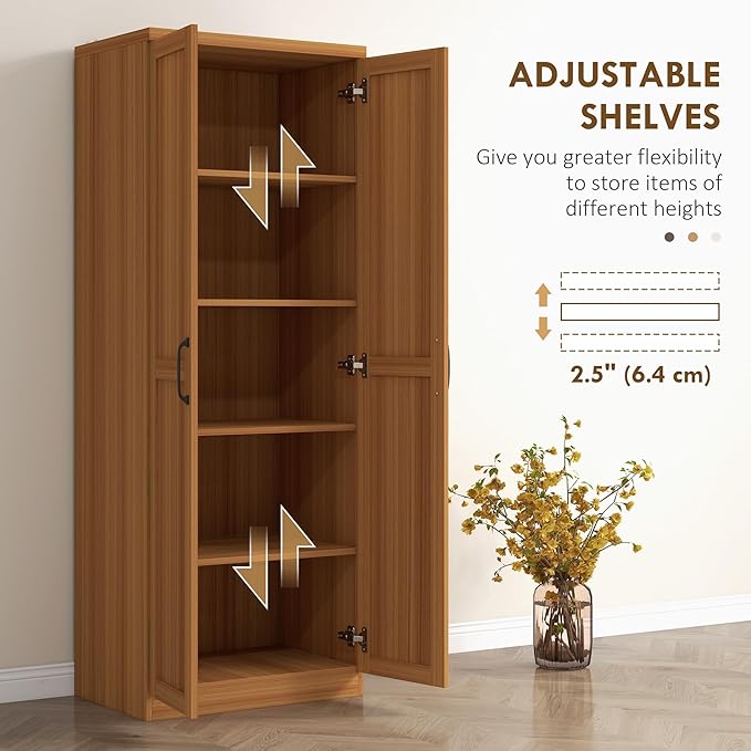 HOMCOM 63" 2-Door Kitchen Pantry, Freestanding Storage Cabinet with 5-Tier Shelving and 2 Adjustable Shelves for Dining Room, Teak Wood Grain