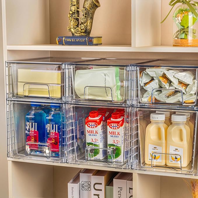 1Pack Large Stackable Kitchen Storage Drawers, Clear Foods Organizer Bins with Handles, Easily Assemble for Bathroom, Kitchen, Pantry, Cabinet, Closet(XL-Down Handle)
