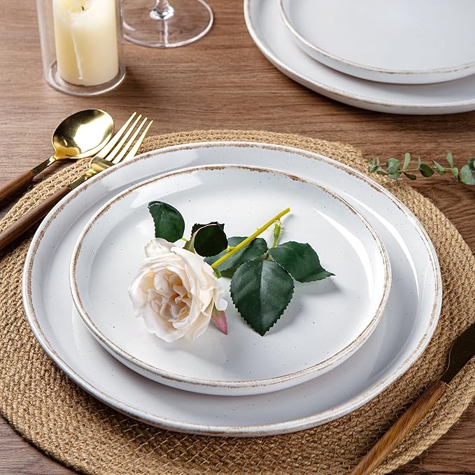 AmorArc 24 Pieces Ceramic Dinnerware Sets for 8, Handpainted Stoneware Plates and Bowls Set with Rustic Terracotta Underside, Scratch Resistant Dishes Set, Dishwasher & Microwave Safe, White