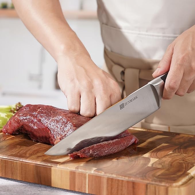 Knife Set, 7 Piece Sharp Chef Knife Set with Solid Wood Block, Unique One-Sided Magnetic Design, Full-tang Stainless Steel Knife Block Set for Home and Restaurants, Elegant Black