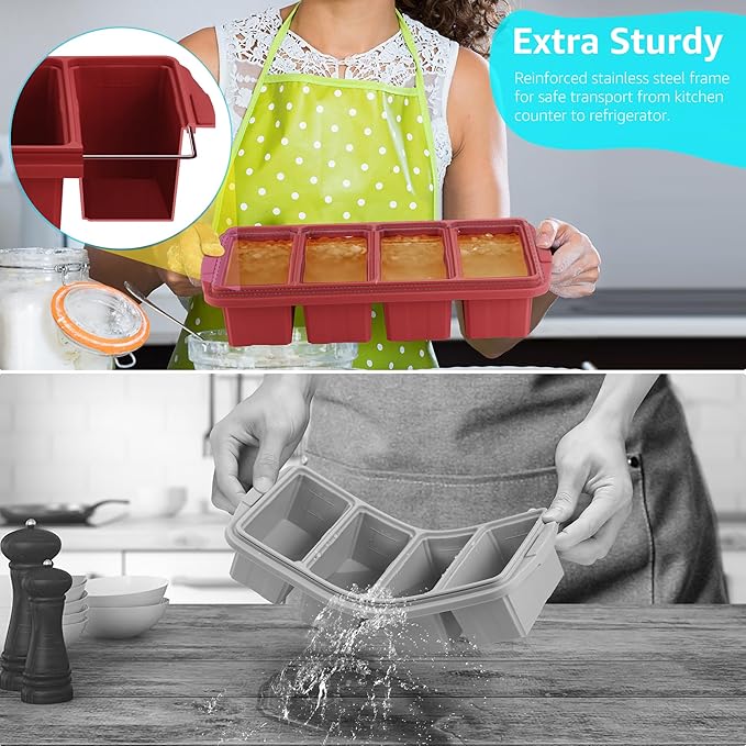Silicone Freezer Tray With Lid - Silicone Freezer Food Molds- Large Ice Cube Tray,Silicone Freezer Container,Freeze & Store Soup, Sauce, Broth,Leftovers - Makes 4 Perfect 1 Cup