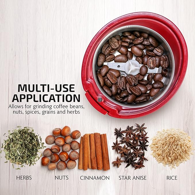 OVENTE Electric Coffee Grinder - Small Portable & Compact Grinding Mill with Stainless Blade for Bean Spices Herb and Tea, Perfect for Home & Kitchen - Maroon CG225M