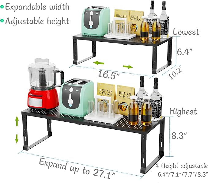 Adjustable Expanable Stackable Spice Rack Shelf Pantry Storage Organizer for Kitchen Cabinet,Countertop,Bathroom and More.Space is no Longer Limited(1Pack/Black/Large)