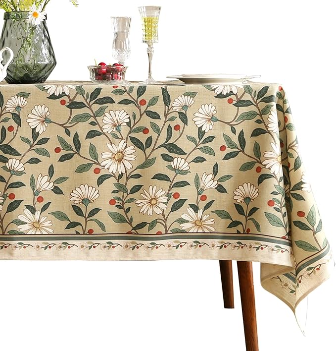 ISAENNE Designer Green Linen Long Rectangle Tablecloth,Floral French Country Indoor Table Cloth,Stain Resistant Home Decor Tablecloths for Dining Kitchen Thanksgiving Party,63"*94"-Brune