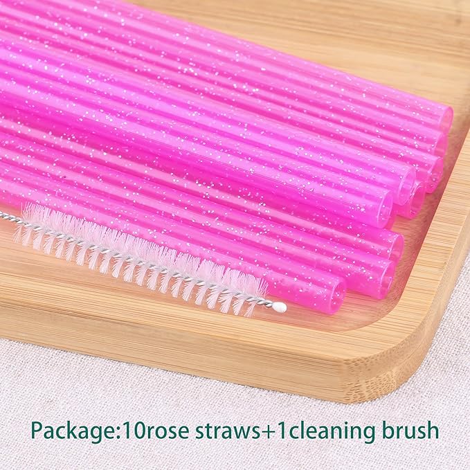 Dakoufish Replacement Glitter Straws for Stanley|Owala|Simple Modern 40oz 30oz Tumbler,10 Pack 12 Inch Reusable Rose Straws With Cleaning Brush For Stanley Hydro Jug Cup,Dishwasher Safe