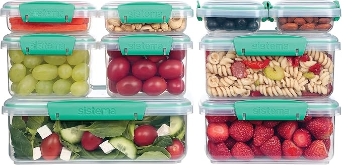 Sistema 18-Piece Food Storage Containers with Lids for Lunch, Meal Prep, and Leftovers, Dishwasher Safe, Clear/Blue