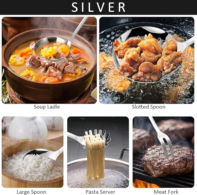 304 Stainless Steel Cooking Utensils Set,9PCS Metal Kitchen Utensils Set with Wooden Handle,Solid Spoon,Spatula,Ladle,Skimmer,Spaghetti Spoon,Dishwasher Safe