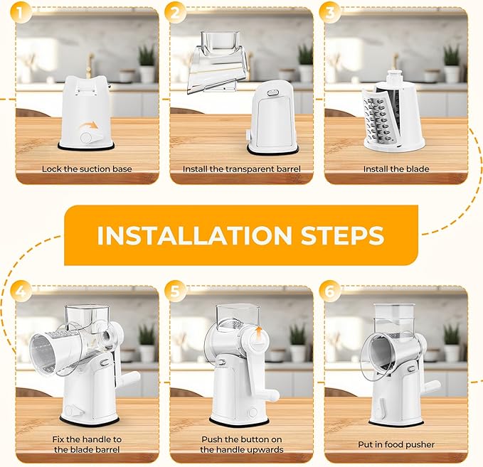 7 IN 1 Upgraded Rotary Cheese Grater with Handle – Vegetable Shredder with Built-in Storage Blade Slot, 5 Versatile Blades, Strong Suction Base Round Mandoline Slicer, Food Chopper for Kitchen