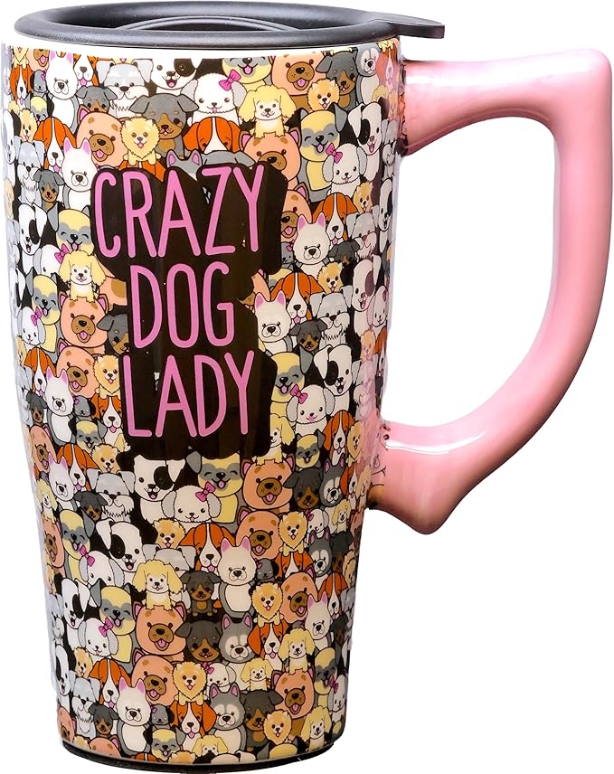 Spoontiques Ceramic Travel Mug Coffee Cup, 18 Oz, Crazy Dog Lady