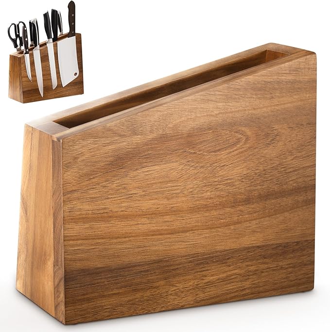 XXXL Magnetic Knife Block 11.8x10 inches, 4-Side Universal Knife Holder Builted in Powerful Magnet, Natural Acacia Wood Knife Storage Organizer for Kitchen Display