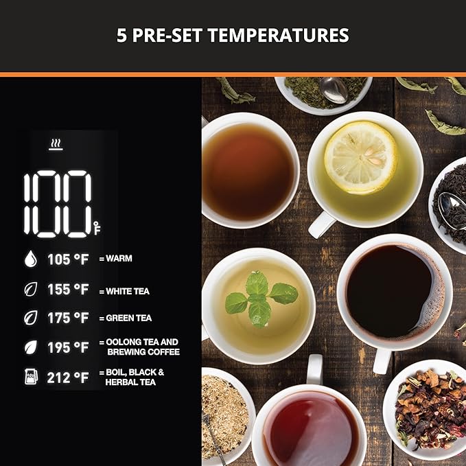 KRUPS Smart Temp Electric Kettle: 1.7L Capacity, 5 Precise Temperature Settings, Digital Display, Cool-Touch Exterior, Cordless Design for Tea and Coffee Lovers