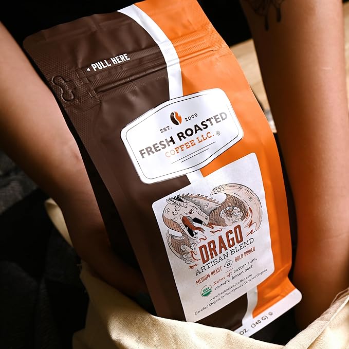 Fresh Roasted Coffee, Organic Drago Café Blend | USDA Organic, Kosher | Medium Roast 12 oz Whole Bean