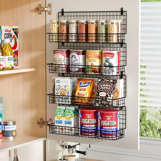 X-cosrack Upgraded Spice Rack Organizer - Wall Mounted Large 4-Tier Stackable Spice Storage with 5 Hooks, Holds 80 Jars, for Kitchen Pantry Organization (Patent:D909138S)