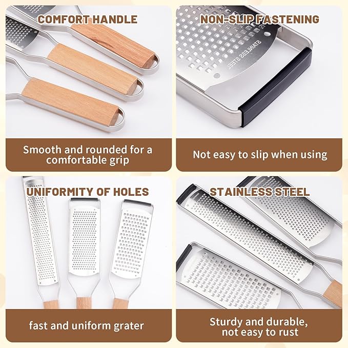 SHIKORI Professional Cheese Graters for Kitchen Stainless Steel Handheld, Metal Lemon Zester Grater With Wood Handle For Cheese, Chocolate, Spices, Kitchen Gadgets And Tools-Wideboard