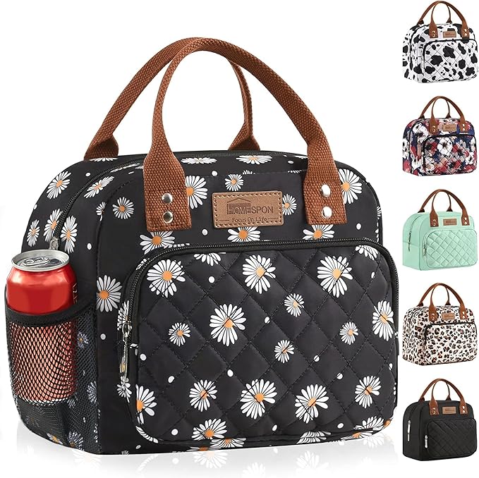 HOMESPON Lunch Bag for Woman Man Adults with Front Pocket Insulated Lunch Tote Lunch Box Container for Work Picnic or Travel(Daisy Side Pockets)