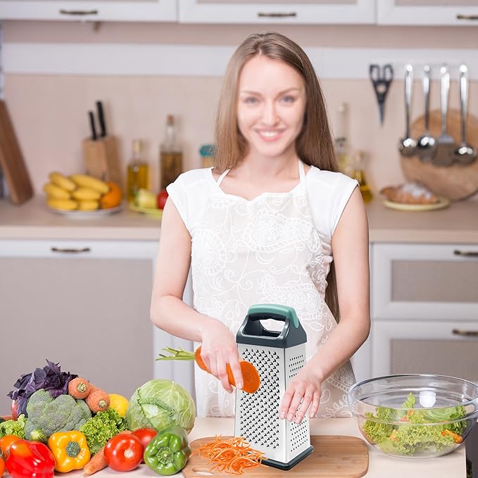 Box Grater, Stainless Steel Cheese Graters for Kitchen, 4 Sided Food Grater with Handle, Cheese Slicer for Food Vegetables Potatoes Carrot