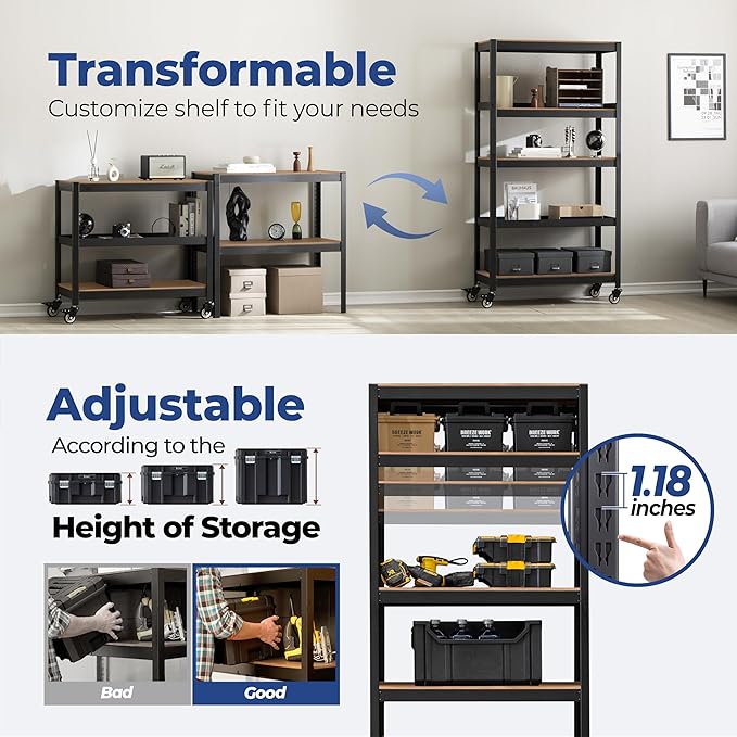 HOMEDANT House 5-Tier Metal Rolling Cart Shelf Rack Casters Heavy Duty Laminated Wheel Shelving Unit Adjustable Utility Storage Shelves Organizer Shelf Kitchen Garage 36.2" W x 16.5" D x 69.5" H 4Pack