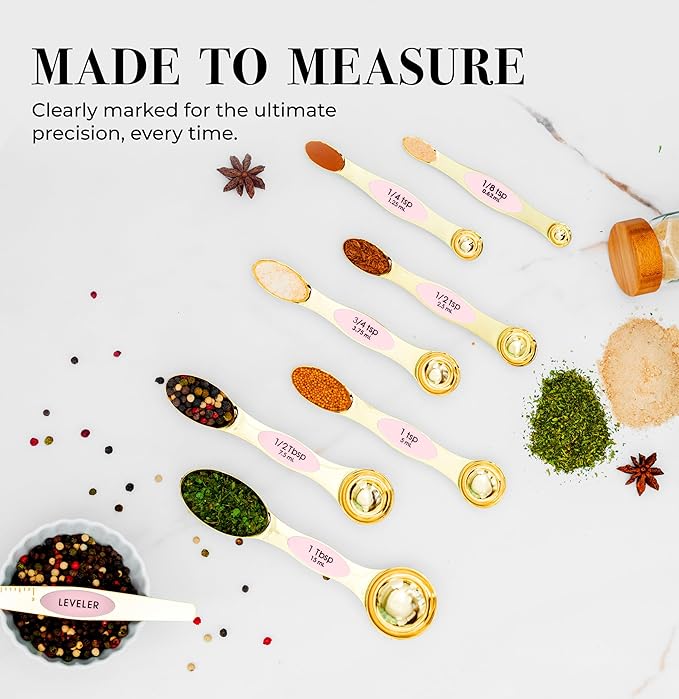 Pink Magnetic Measuring Spoons Set - 8-Piece Dual-Sided Stainless Steel Spoons, Stackable and Spice Jar Friendly – Stylish Pink Kitchen Accessories for Cooking and Baking