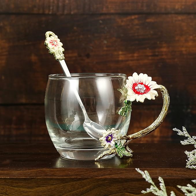 Handicraft Crystal Glass 3D Flower Cups Tea Mug With Tea Spoon Women Coffee, Tea, Juice, Beer, Milk Hot And Cold Drinks Use Gift Package. (Chrysanthemum, 11 OZ)