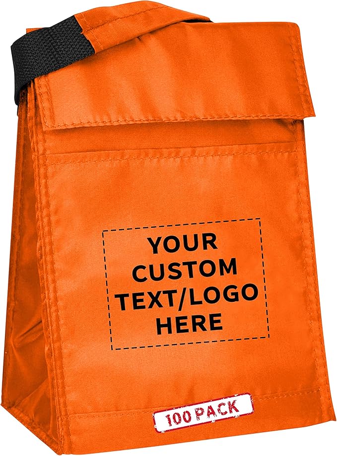 DISCOUNT PROMOS 100 Hook and Loop Insulated Lunch Bags Set - Customizable Text, Logo - Polyester, Durable, Vibrant, Reusable - Orange