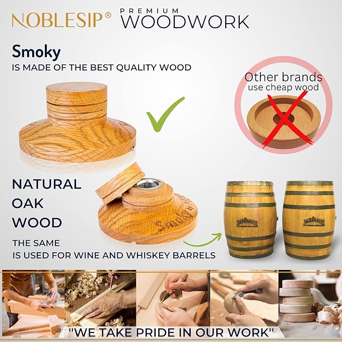NobleSip Whiskey Bourbon Smoker Kit 𝗣𝗥𝗘𝗠𝗜𝗨𝗠 Smoky bar Set. Natural American Solid Oak Smoker. A Great Home bar Gift, Easily Make The Legendary Smoked Cocktails and Old fashioneds at Home.