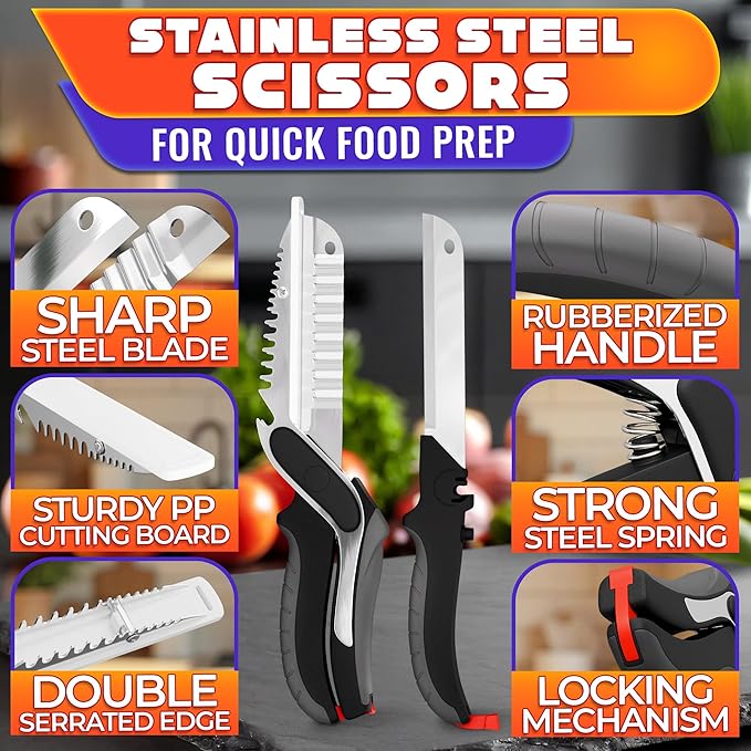 Cutting Board Scissors for Food – 7-in-1 Kitchen Food Scissors with Ribbed & Flat Blades for Easy Meat, Fruits & Veggies Cutting and Decorative Slicing – Easy To Clean Kitchen Shears With Safety Lock